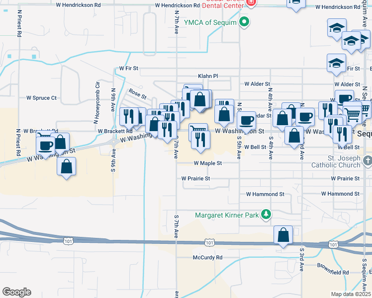 map of restaurants, bars, coffee shops, grocery stores, and more near 651 West Washington Street in Sequim