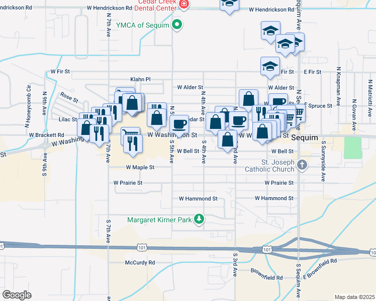 map of restaurants, bars, coffee shops, grocery stores, and more near 461 West Washington Street in Sequim
