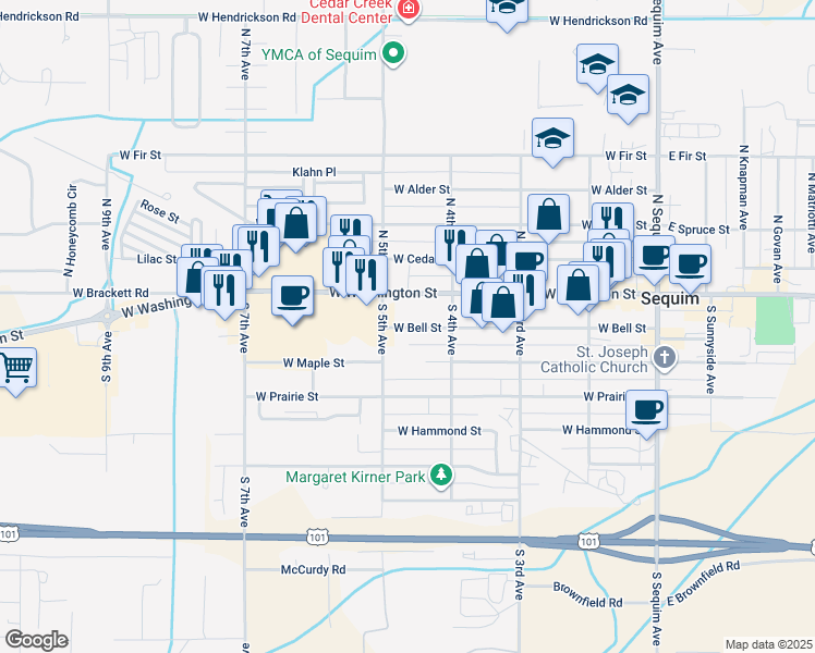 map of restaurants, bars, coffee shops, grocery stores, and more near 461 West Washington Street in Sequim