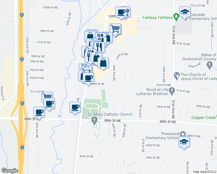 map of restaurants, bars, coffee shops, grocery stores, and more near 4330 92nd Street Northeast in Marysville