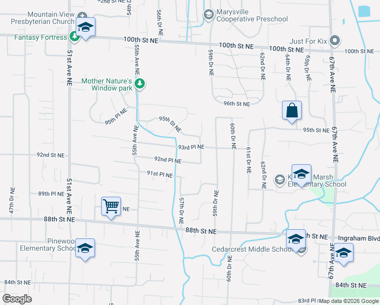 map of restaurants, bars, coffee shops, grocery stores, and more near 5723 93rd Place Northeast in Marysville