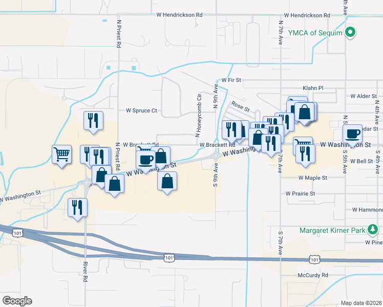 map of restaurants, bars, coffee shops, grocery stores, and more near 1009 West Brackett Road in Sequim