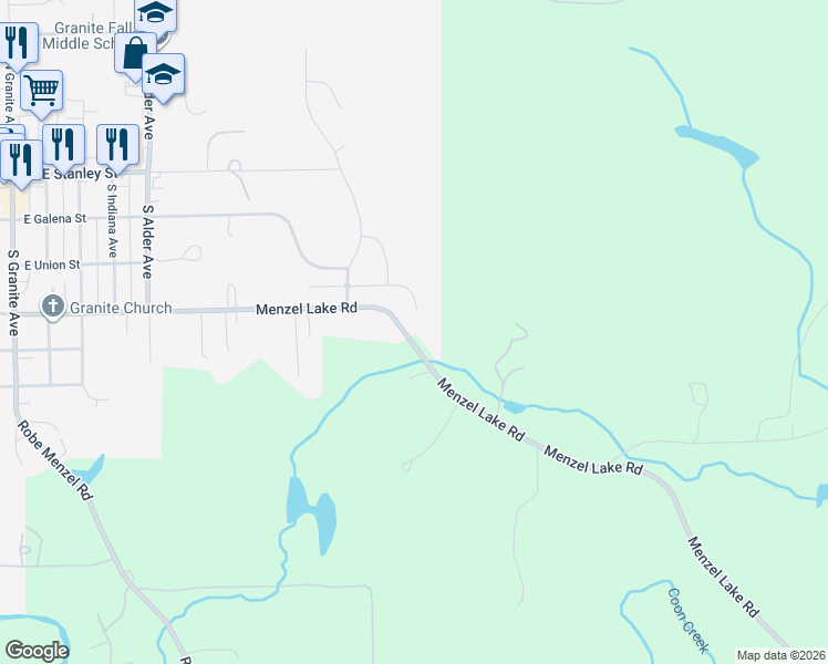 map of restaurants, bars, coffee shops, grocery stores, and more near 1112 Hughes Lane in Granite Falls