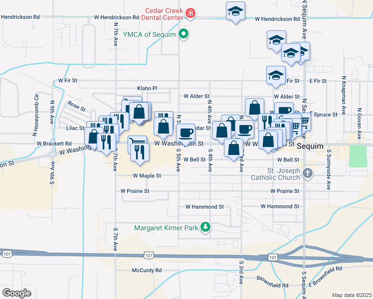 map of restaurants, bars, coffee shops, grocery stores, and more near 461 West Washington Street in Sequim