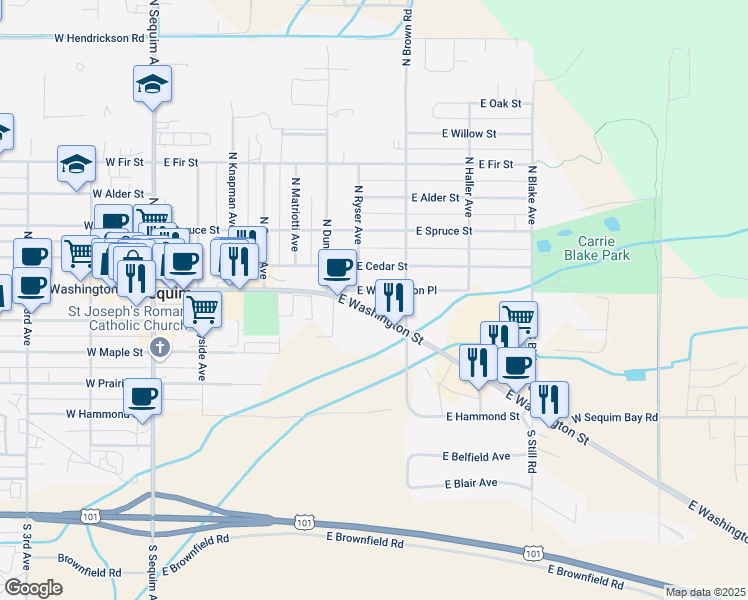 map of restaurants, bars, coffee shops, grocery stores, and more near 710 East Washington Street in Sequim