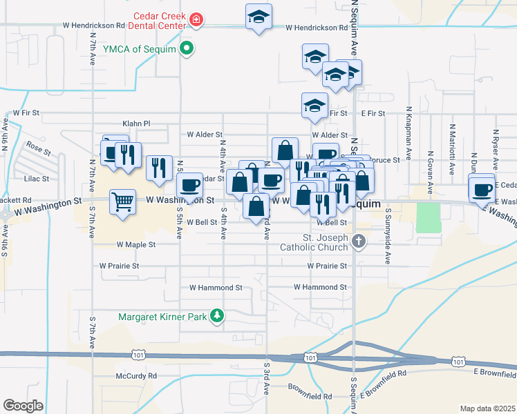 map of restaurants, bars, coffee shops, grocery stores, and more near 301 W Washington St in Sequim
