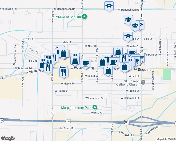 map of restaurants, bars, coffee shops, grocery stores, and more near 461 West Washington Street in Sequim