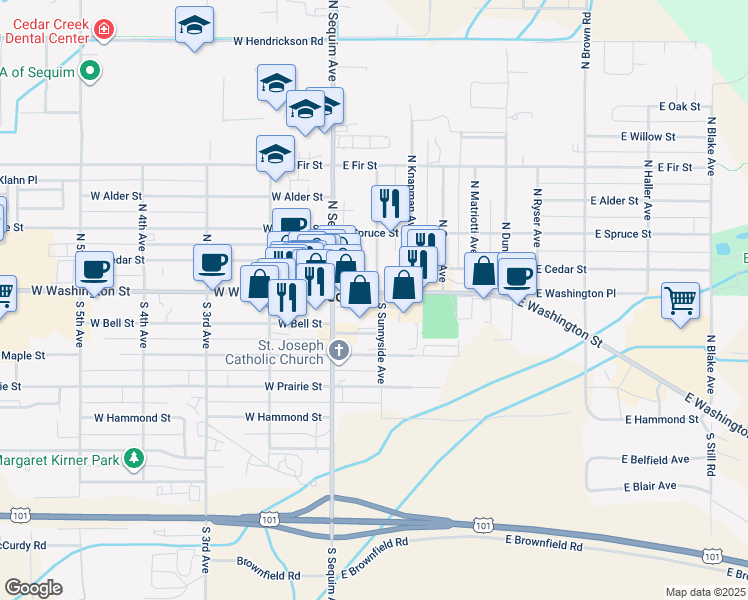 map of restaurants, bars, coffee shops, grocery stores, and more near 169 East Washington Street in Sequim