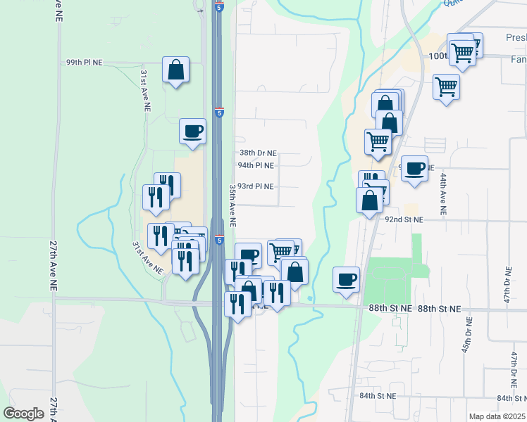 map of restaurants, bars, coffee shops, grocery stores, and more near 3606 92nd Place Northeast in Marysville