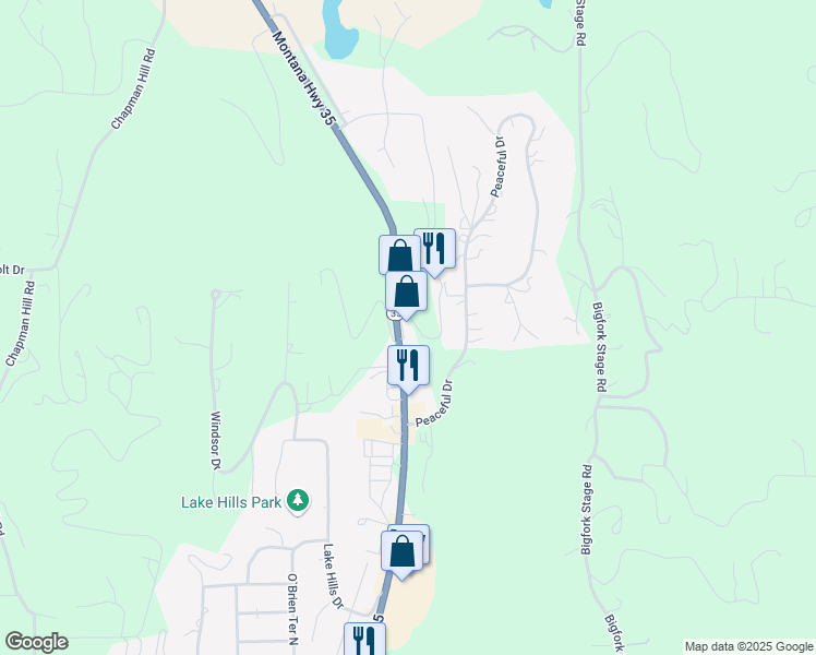 map of restaurants, bars, coffee shops, grocery stores, and more near 7935 Montana Highway 35 in Bigfork