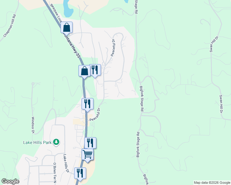 map of restaurants, bars, coffee shops, grocery stores, and more near 307 Peaceful Drive in Bigfork