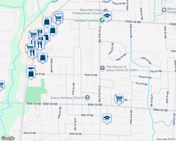 map of restaurants, bars, coffee shops, grocery stores, and more near 9224 50th Avenue Northeast in Marysville
