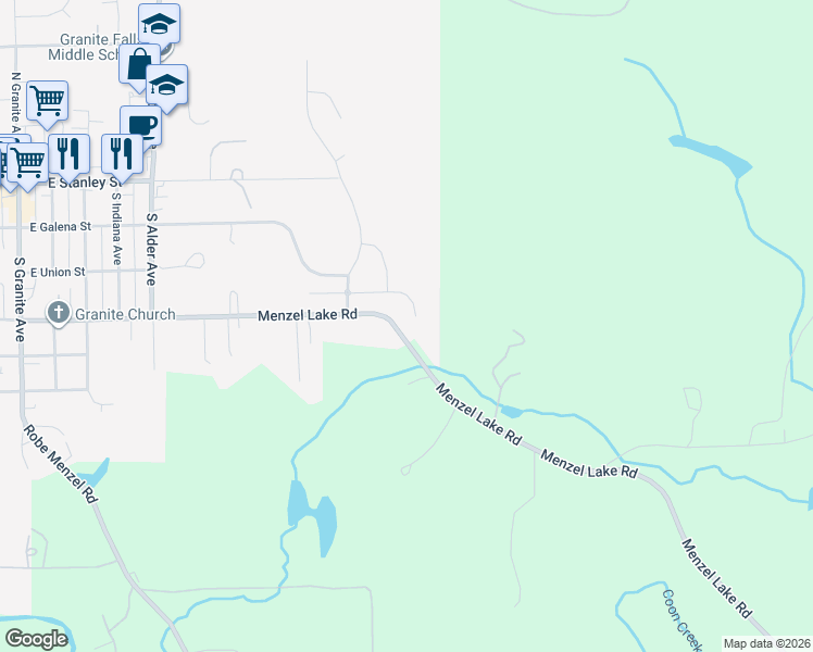 map of restaurants, bars, coffee shops, grocery stores, and more near 1112 Hughes Lane in Granite Falls
