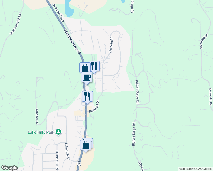map of restaurants, bars, coffee shops, grocery stores, and more near 307 Peaceful Drive in Bigfork
