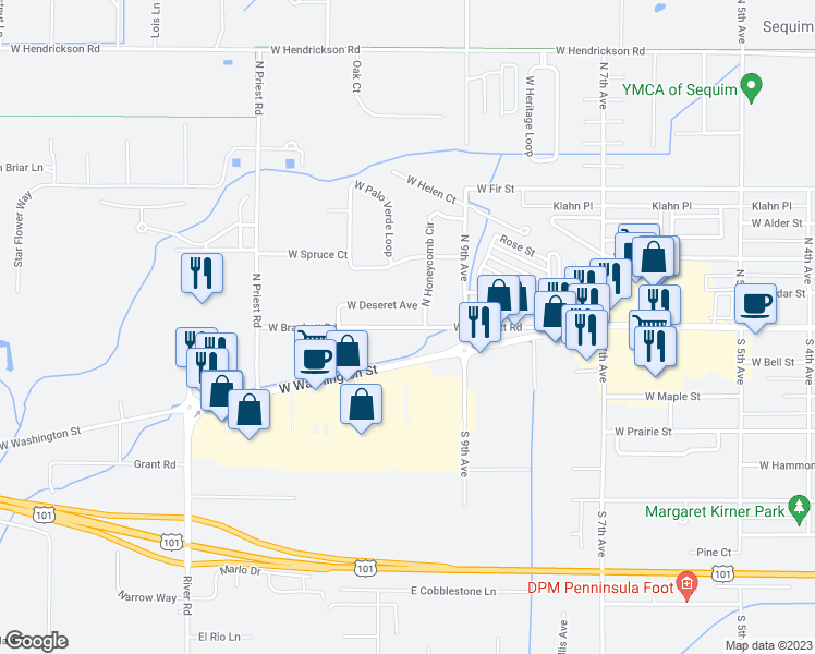 map of restaurants, bars, coffee shops, grocery stores, and more near 1000 West Brackett Road in Sequim