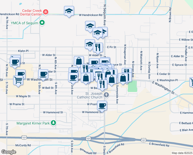 map of restaurants, bars, coffee shops, grocery stores, and more near 143 West Washington Street in Sequim