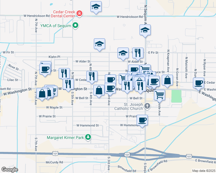 map of restaurants, bars, coffee shops, grocery stores, and more near 301 West Washington Street in Sequim