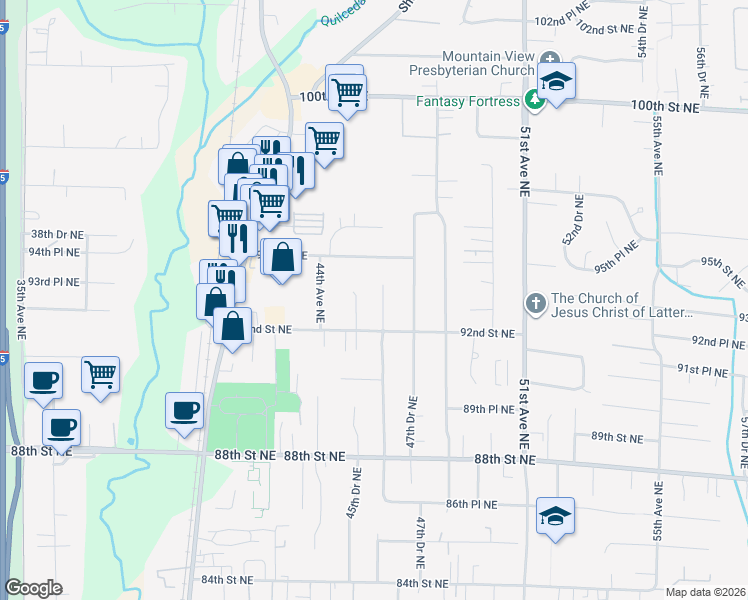 map of restaurants, bars, coffee shops, grocery stores, and more near 9215 45th Drive Northeast in Marysville