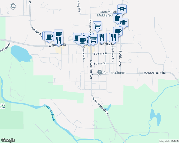 map of restaurants, bars, coffee shops, grocery stores, and more near 316 South Granite Avenue in Granite Falls