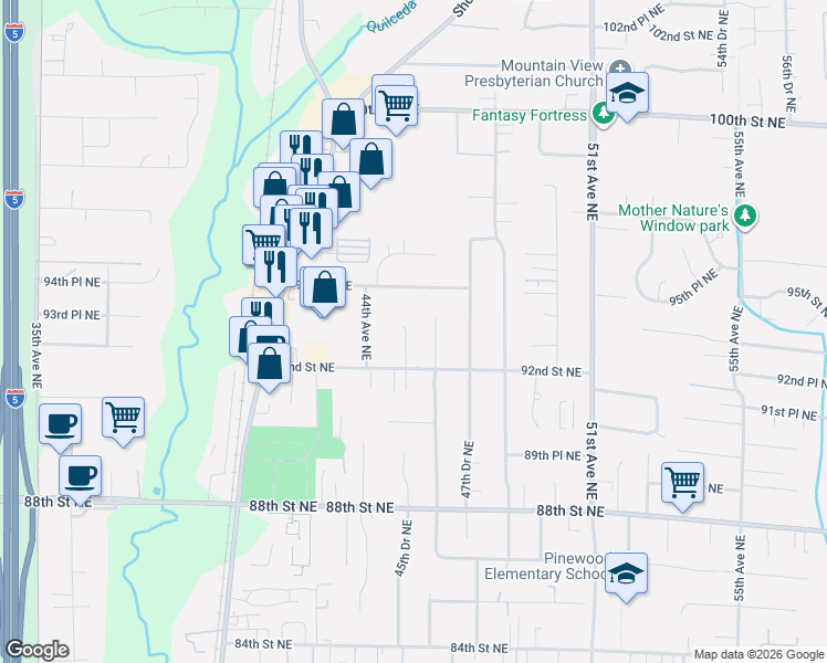 map of restaurants, bars, coffee shops, grocery stores, and more near 9215 45th Drive Northeast in Marysville