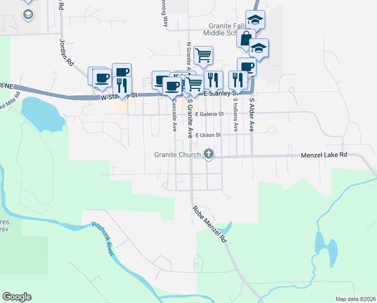 map of restaurants, bars, coffee shops, grocery stores, and more near 402 South Granite Avenue in Granite Falls