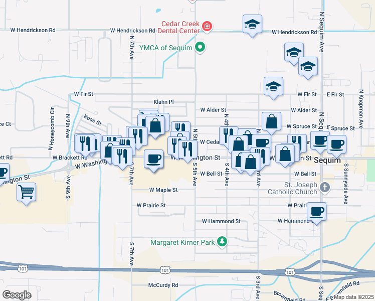 map of restaurants, bars, coffee shops, grocery stores, and more near 531 W Washington St in Sequim