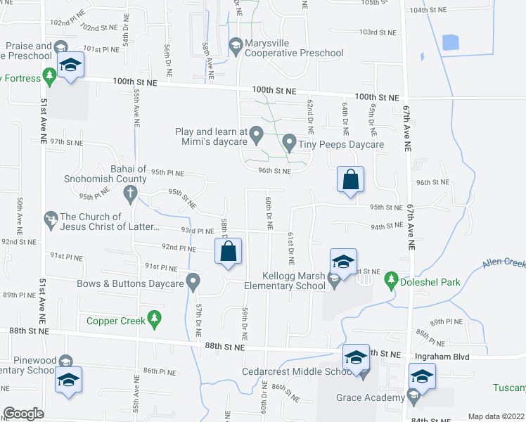 map of restaurants, bars, coffee shops, grocery stores, and more near 9420 60th Drive Northeast in Marysville
