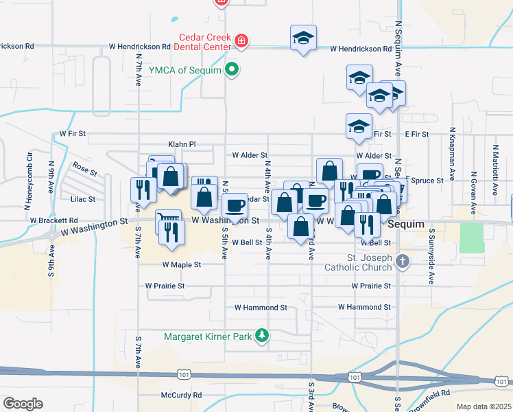 map of restaurants, bars, coffee shops, grocery stores, and more near 420 West Cedar Street in Sequim