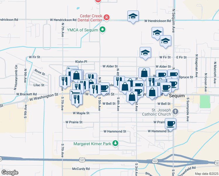 map of restaurants, bars, coffee shops, grocery stores, and more near 420 West Cedar Street in Sequim