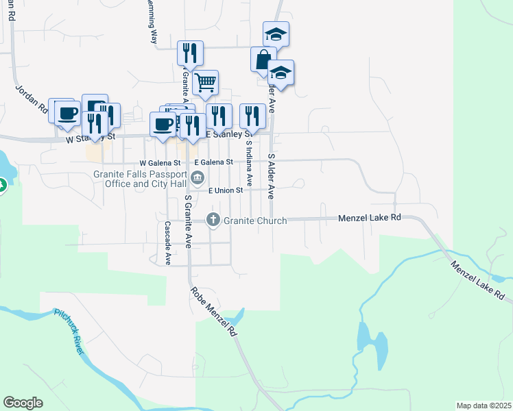 map of restaurants, bars, coffee shops, grocery stores, and more near 301 South Indiana Avenue in Granite Falls