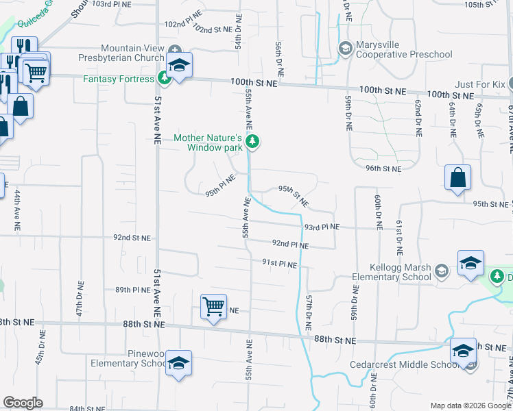 map of restaurants, bars, coffee shops, grocery stores, and more near 5515 95th Street Northeast in Marysville