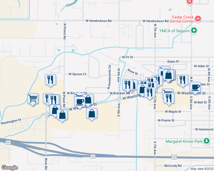 map of restaurants, bars, coffee shops, grocery stores, and more near 109 North Honeycomb Circle in Sequim