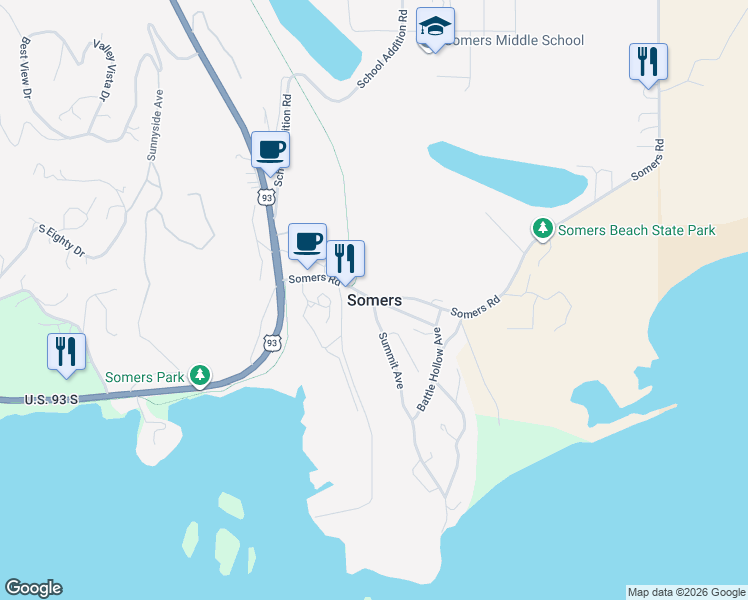 map of restaurants, bars, coffee shops, grocery stores, and more near in Somers