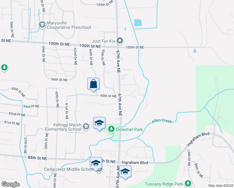 map of restaurants, bars, coffee shops, grocery stores, and more near 6627 95th Street Northeast in Marysville