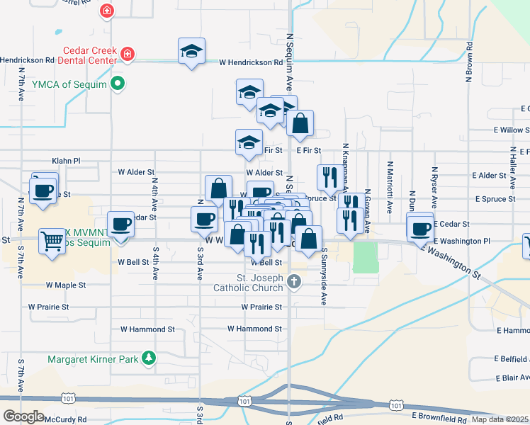map of restaurants, bars, coffee shops, grocery stores, and more near 152 West Cedar Street in Sequim