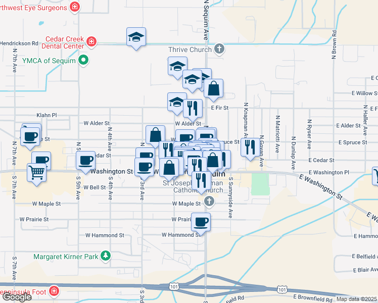map of restaurants, bars, coffee shops, grocery stores, and more near 152 West Cedar Street in Sequim