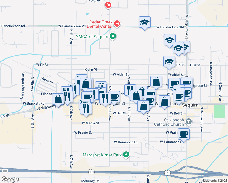 map of restaurants, bars, coffee shops, grocery stores, and more near 474 West Cedar Street in Sequim