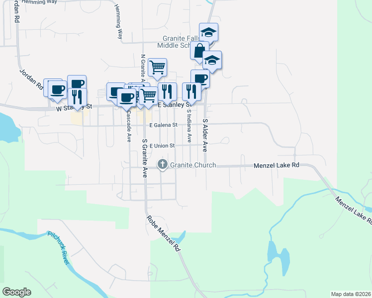 map of restaurants, bars, coffee shops, grocery stores, and more near 301 Kentucky Avenue in Granite Falls
