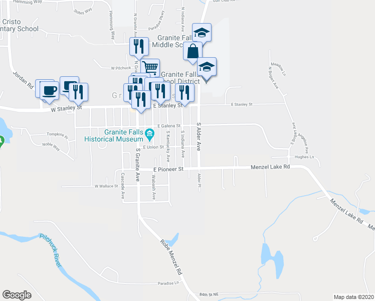map of restaurants, bars, coffee shops, grocery stores, and more near 301 South Indiana Avenue in Granite Falls