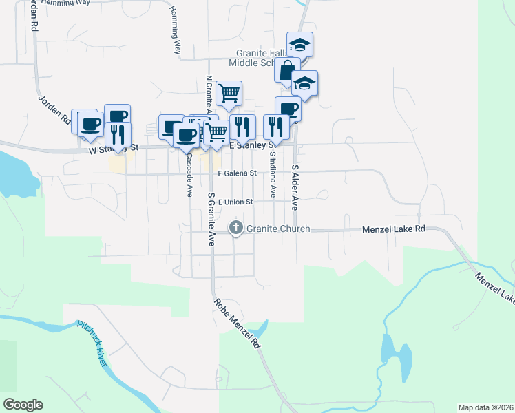 map of restaurants, bars, coffee shops, grocery stores, and more near 301 Kentucky Avenue in Granite Falls
