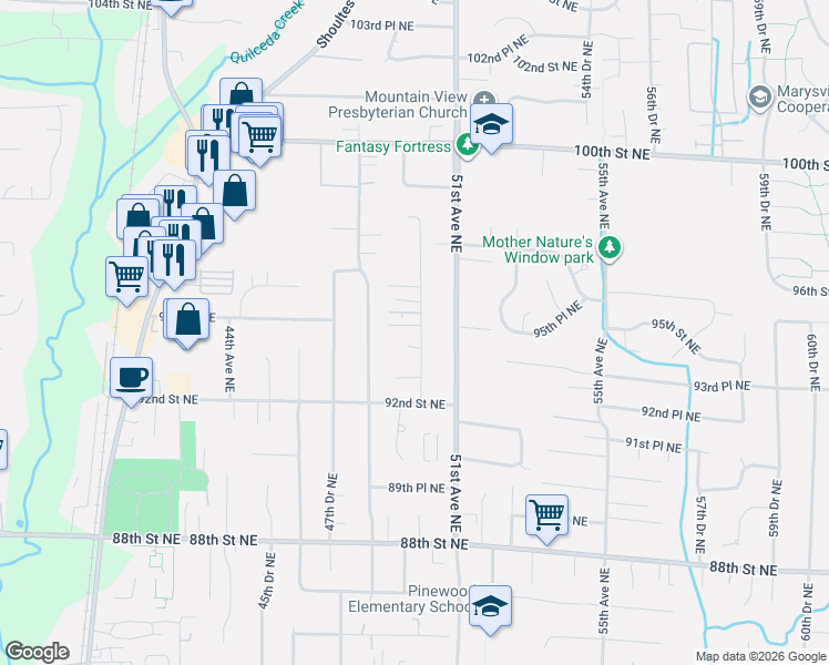 map of restaurants, bars, coffee shops, grocery stores, and more near 9328 50th Avenue Northeast in Marysville
