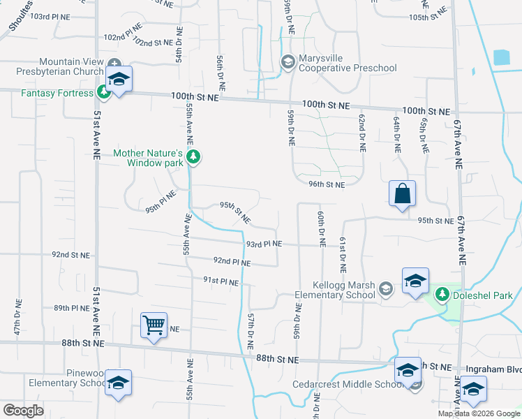 map of restaurants, bars, coffee shops, grocery stores, and more near 5726 95th Place Northeast in Marysville