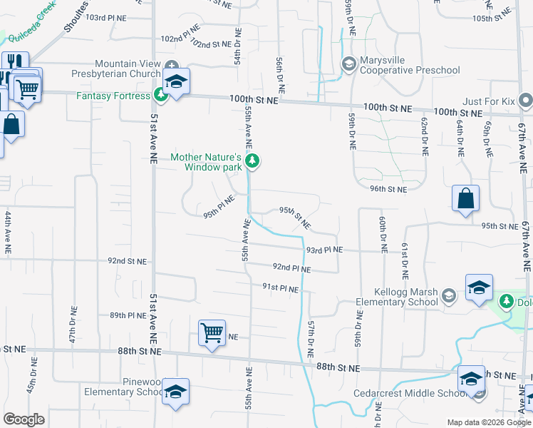 map of restaurants, bars, coffee shops, grocery stores, and more near 5515 95th Street Northeast in Marysville