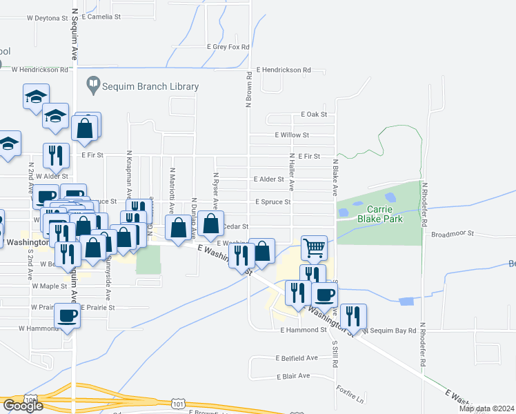 map of restaurants, bars, coffee shops, grocery stores, and more near 203 North Brown Road in Sequim