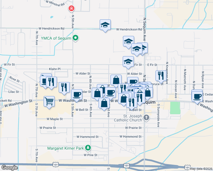 map of restaurants, bars, coffee shops, grocery stores, and more near 311 W Spruce St in Sequim