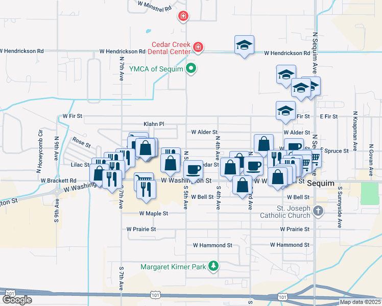 map of restaurants, bars, coffee shops, grocery stores, and more near 474 West Cedar Street in Sequim