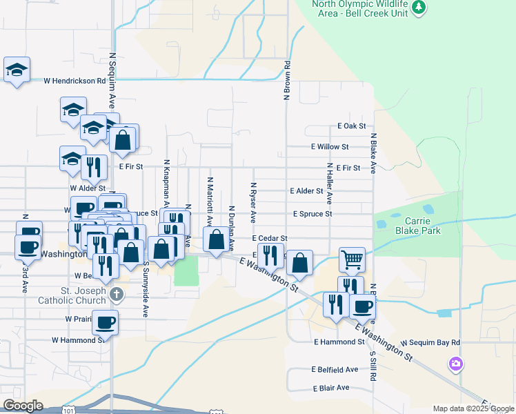map of restaurants, bars, coffee shops, grocery stores, and more near 302 North Ryser Avenue in Sequim
