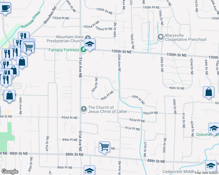 map of restaurants, bars, coffee shops, grocery stores, and more near 9613 53rd Drive Northeast in Marysville