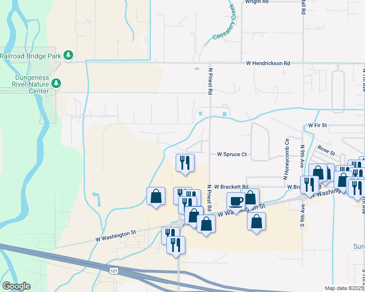 map of restaurants, bars, coffee shops, grocery stores, and more near 150 East Lobelia Drive in Sequim