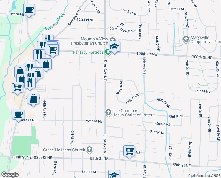 map of restaurants, bars, coffee shops, grocery stores, and more near 9531 51st Avenue Northeast in Marysville
